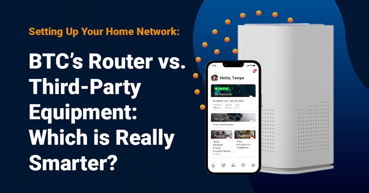 An image of BTC Broadband's Gigaspire Router and a phone displaying the BTC Broadband Wi-Fi App. 